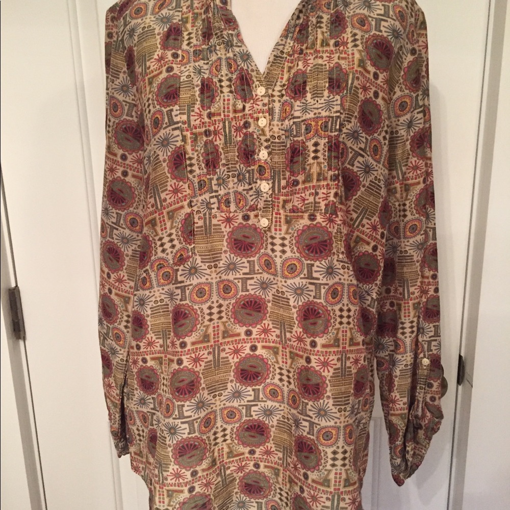 SUGAR TOP TUNIC CREAM RED GEOMETRIC MULTICOLOR V-NECK Size 2